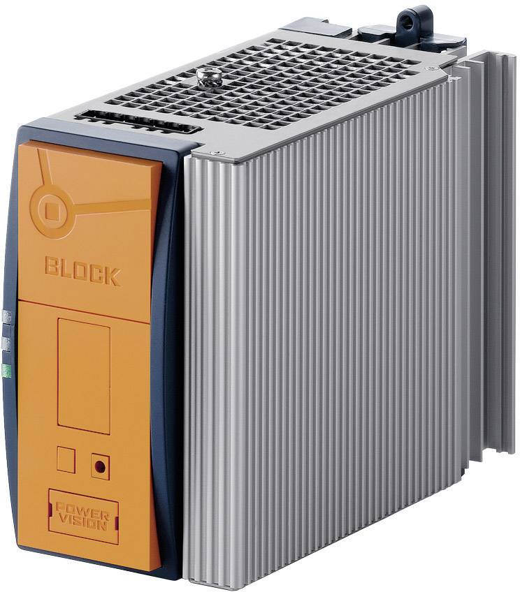 An orange-grey electronic device with the text 'Block' on the front, likely an industrial power supply module.