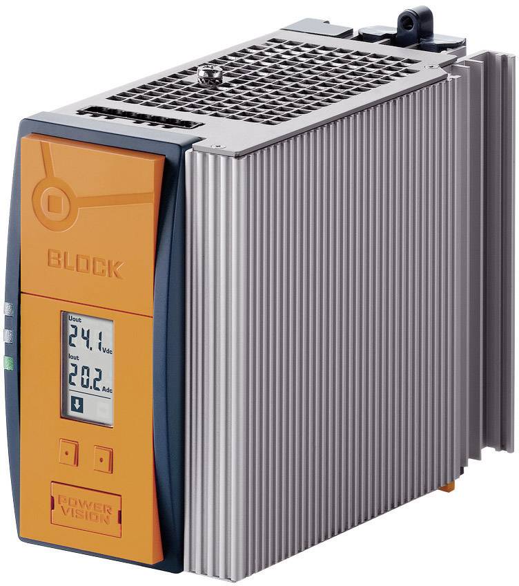 An industrial power supply from BLOCK with a digital display shows 24V and 20.2A. The housing is orange and grey with heat sinks.