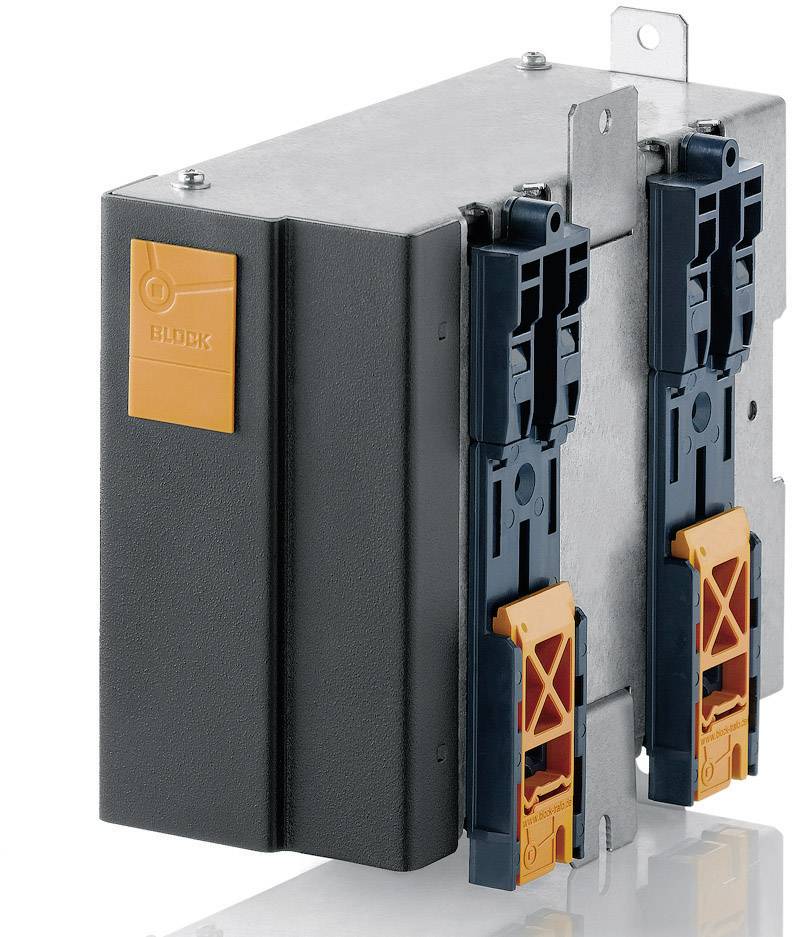 An electrical device with a silver casing and orange elements that can be mounted on a wall or bracket.
