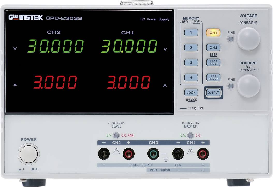 Electronic power supply with two channels, each 30V and 3A. Digital display shows voltage and current. Connections at the bottom.