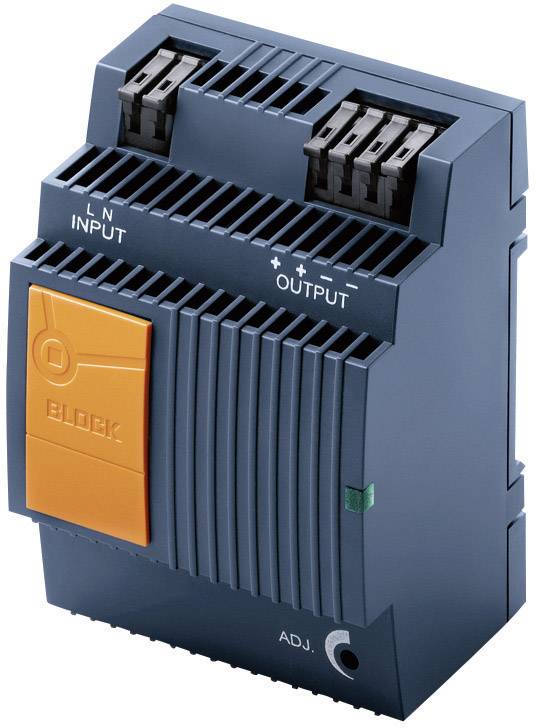 A blue electrical device with labels 'INPUT', 'OUTPUT' and 'BLOCK'. It has an orange switch and connection terminals on top.