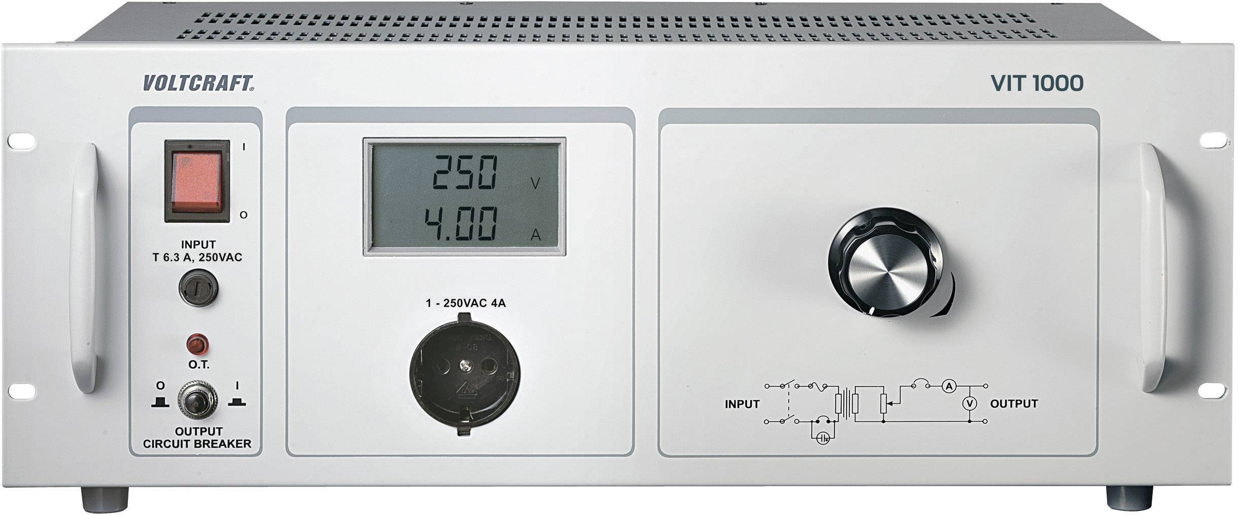 Voltcraft VIT 1000 Device: Digital display shows '250 V' and '4.00 A'. Left switches, right control elements and diagram.