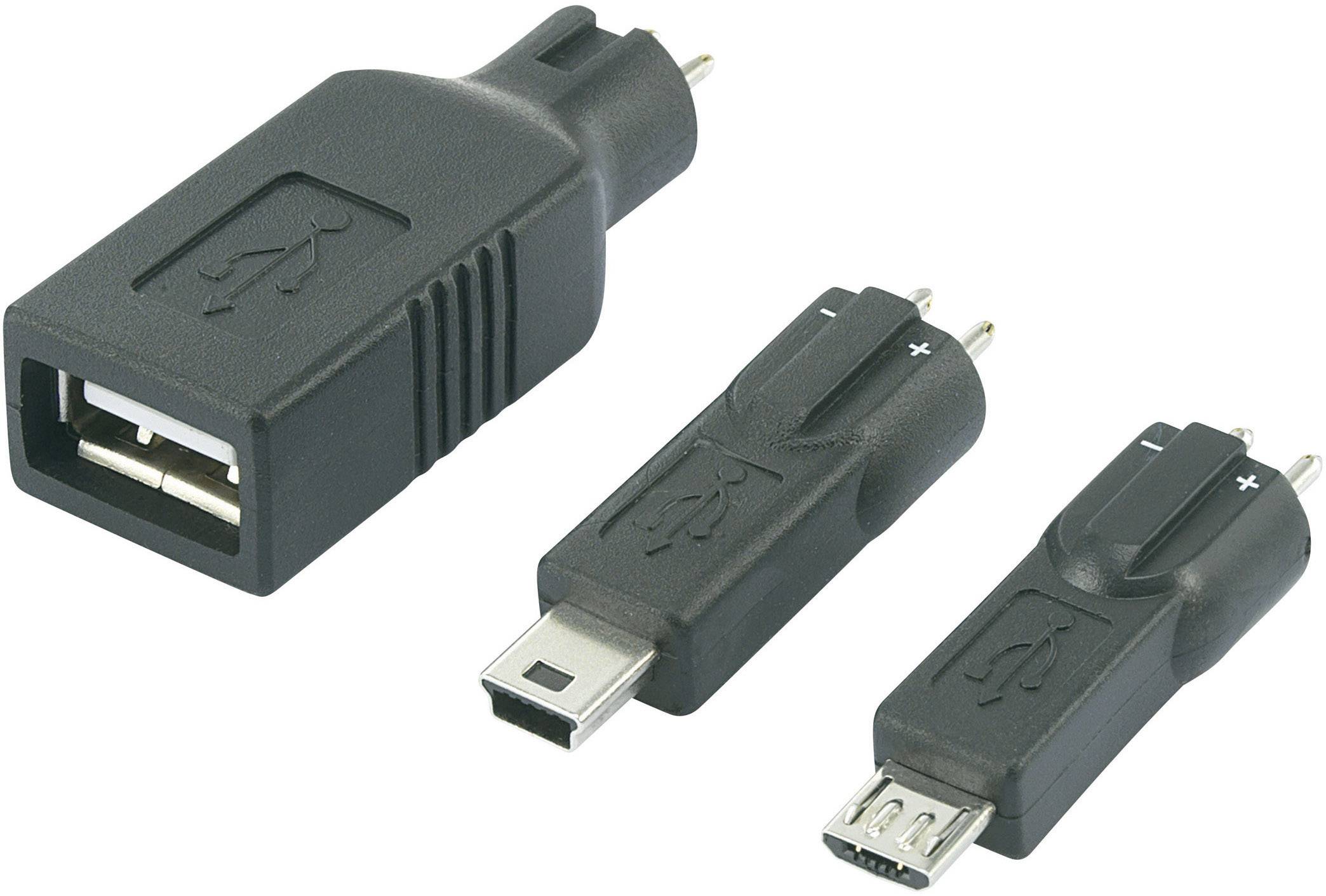 Three black USB adapters, with a large one on the left featuring a USB-A socket, and two smaller ones on the right with Mini-USB and Micro-USB plugs.