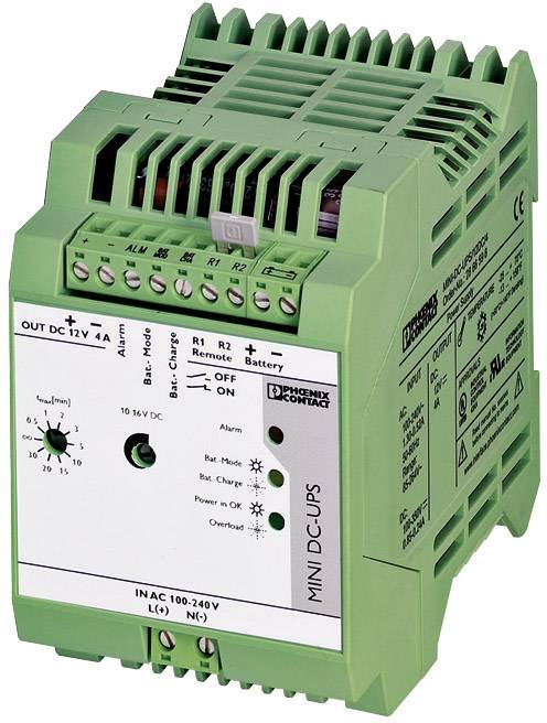 Green mini DC uninterruptible power supply device from Phoenix Contact, Quint model, with integrated charger and multiple adjustment options on the front panel.