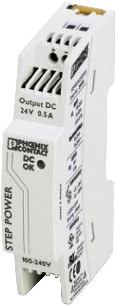 A slim, white switched-mode power supply with 'STEP POWER' printed on it, suitable for input 100-240V AC and output 24V DC, 0.5A.