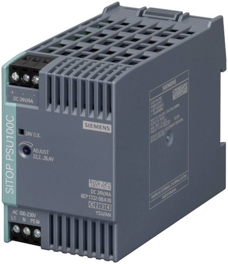 A grey Siemens SITOP PSU100C power supply with adaptive function for 22-24V and DC 24V/4A output, shown in close-up.