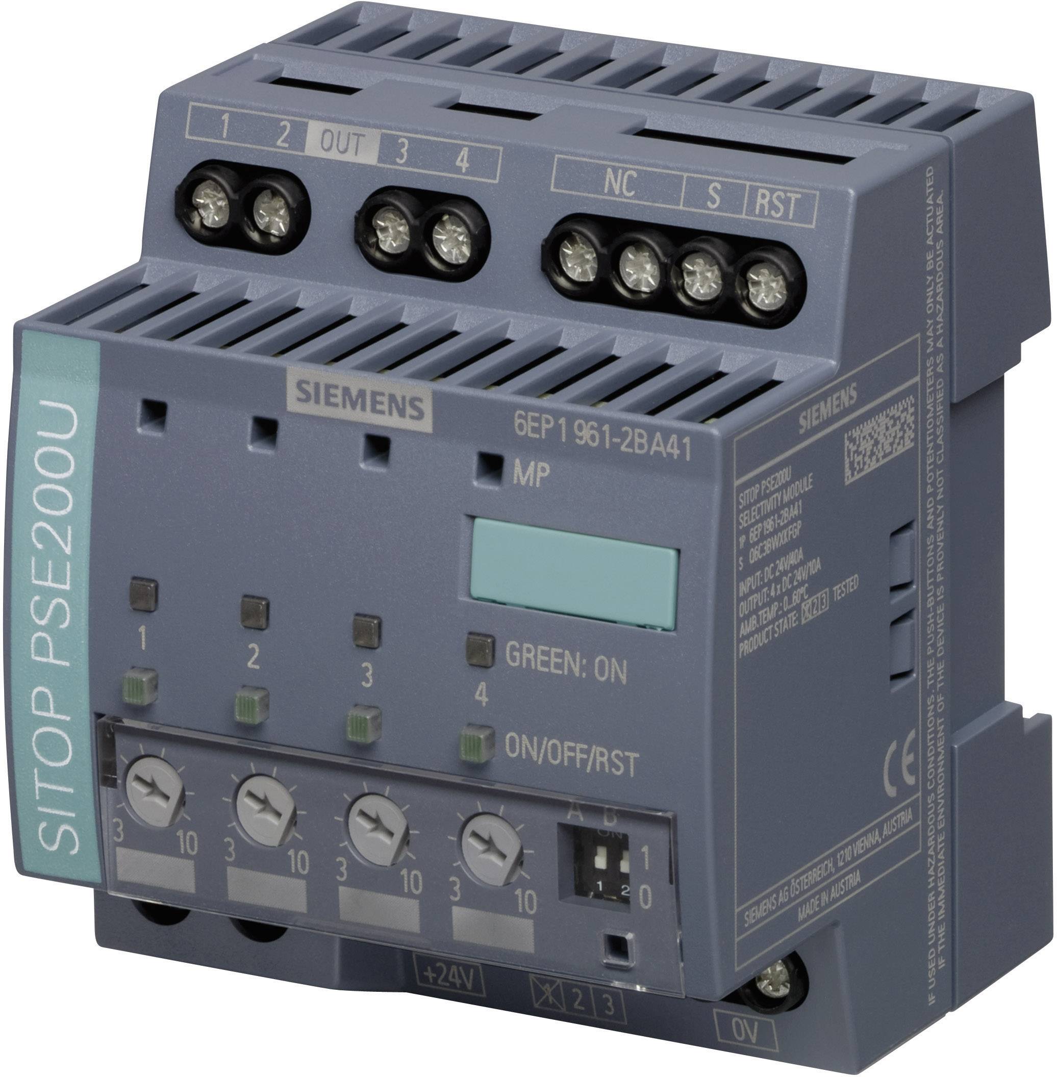 A grey Siemens SITOP PSE200U device, designated as 6EP1 961-2BA41, with multiple connections and control buttons on the front panel.