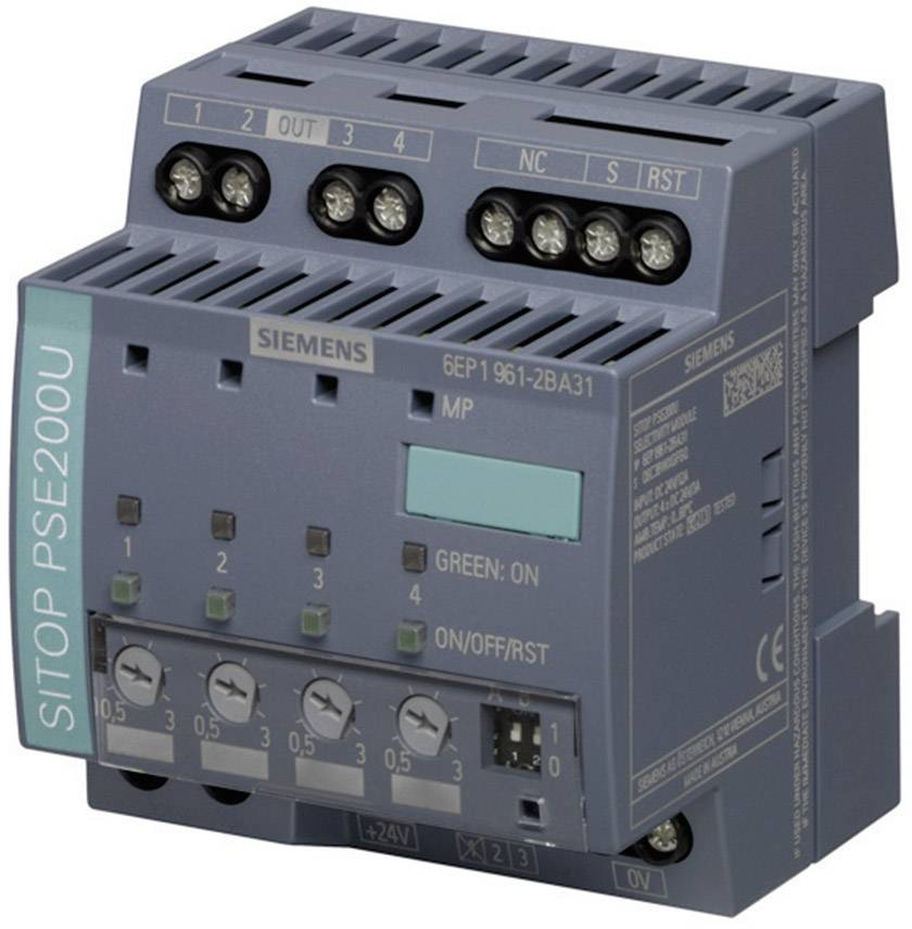 A grey Siemens module of type SITOP PSE200U with multiple connections and switches, used for power distribution and monitoring.