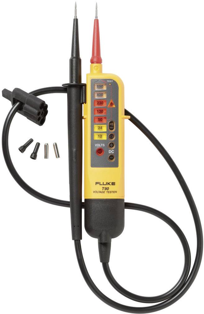 Fluke T140 two-pole voltage tester with red and black test probes, displaying voltage and current type on an LED display.