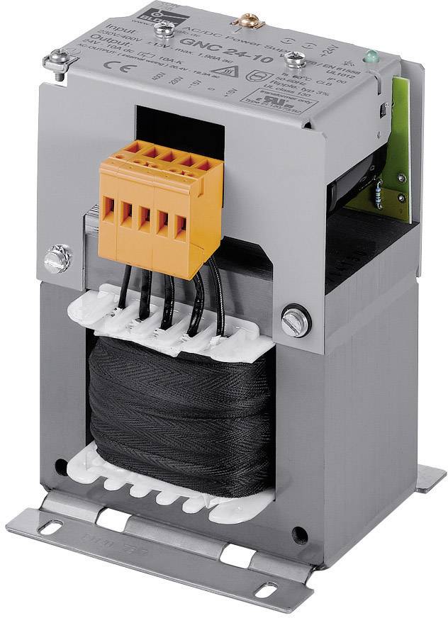 A transformer with an orange terminal block and black coil. It is mounted on a grey metal base.