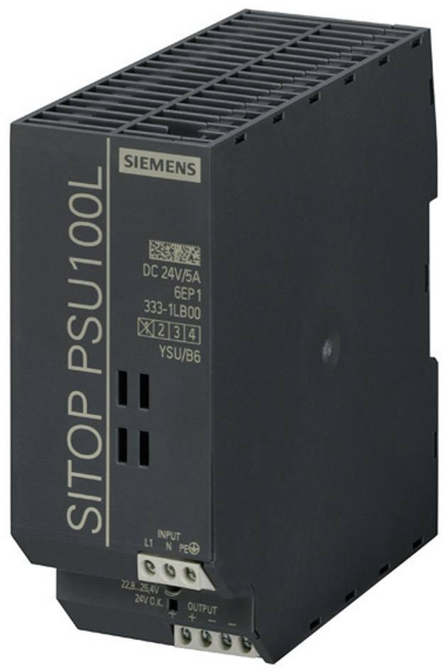 A black industrial power supply with 'SITOP PSU100L' written on the side, input and output connections at the bottom.