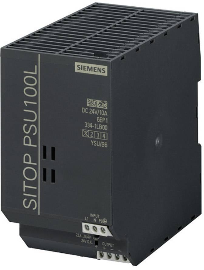 A Siemens switched-mode power supply, model SITOP PSU100L, marked 'DC 24V/10A'.