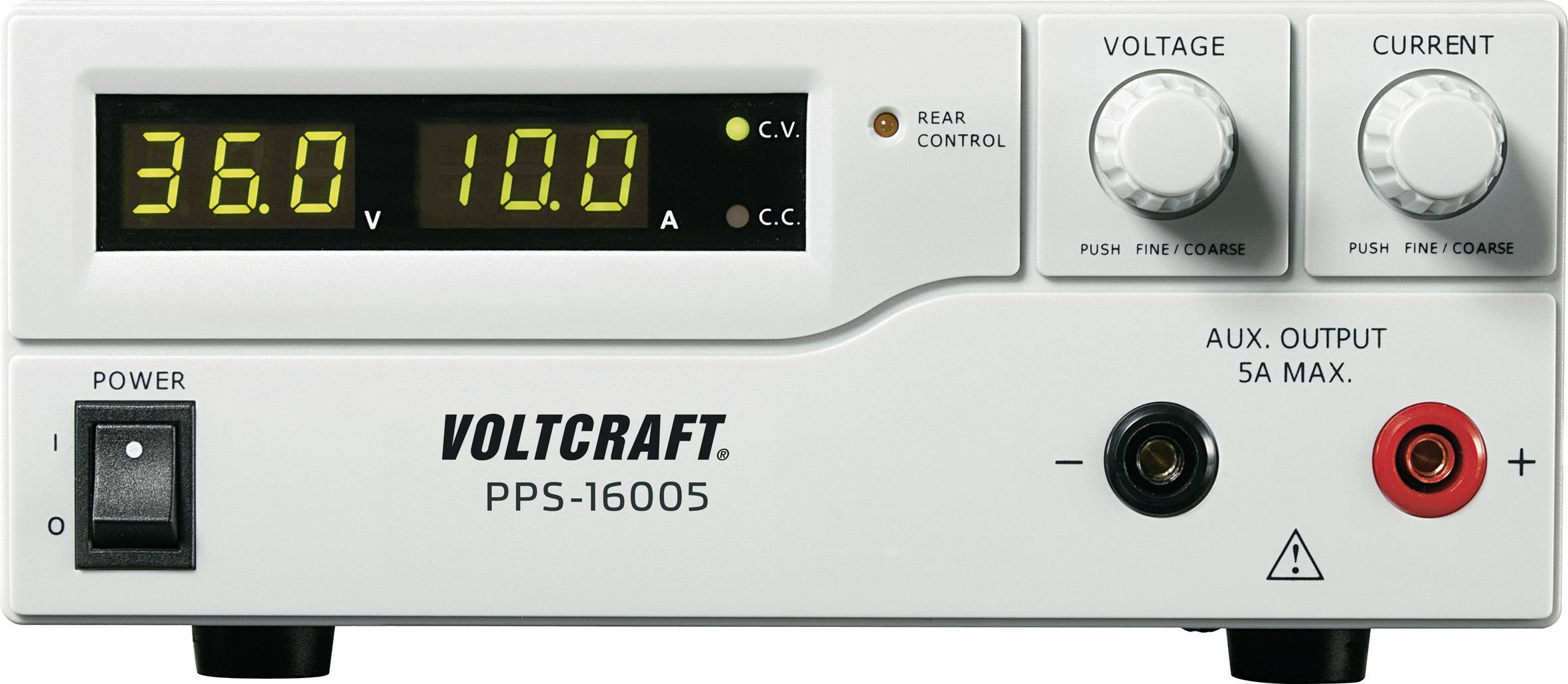 A power supply unit with a digital display shows 36.0 volts and 10.0 amperes. Voltage and current can be precisely adjusted.