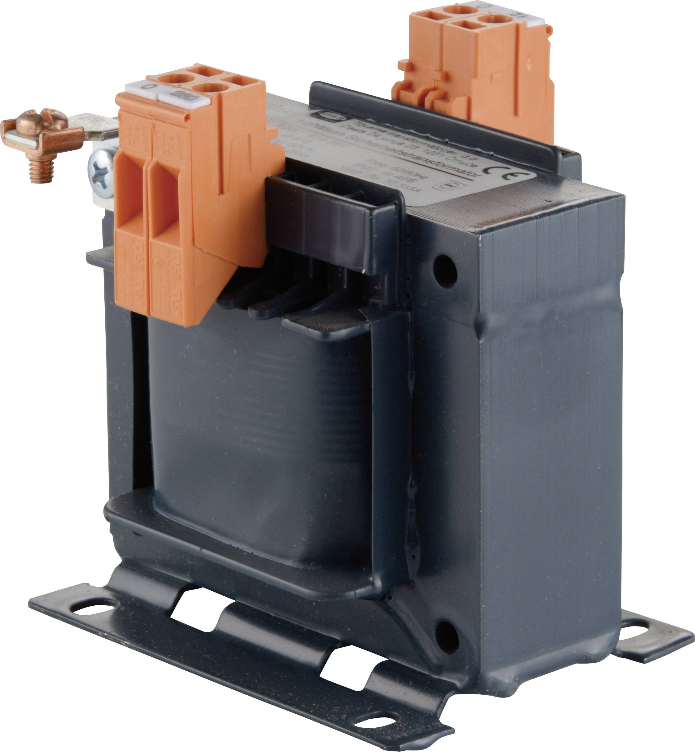 A black transformer with orange connection terminals and a nameplate on the top surface, mounted on a metal base.