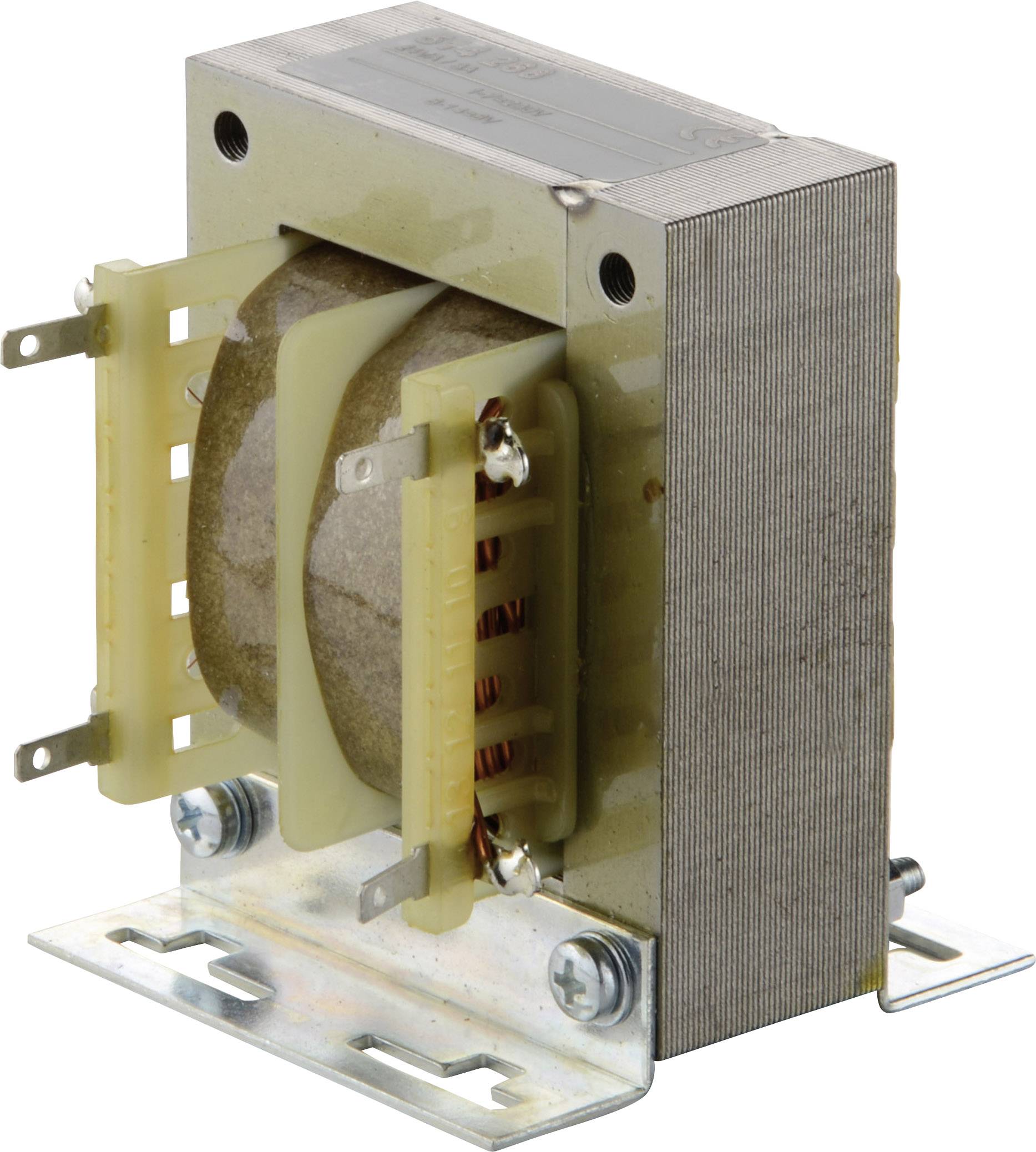 Metal-based transformer, showing windings and connections on the sides. Primarily used for voltage conversion in electrical devices.