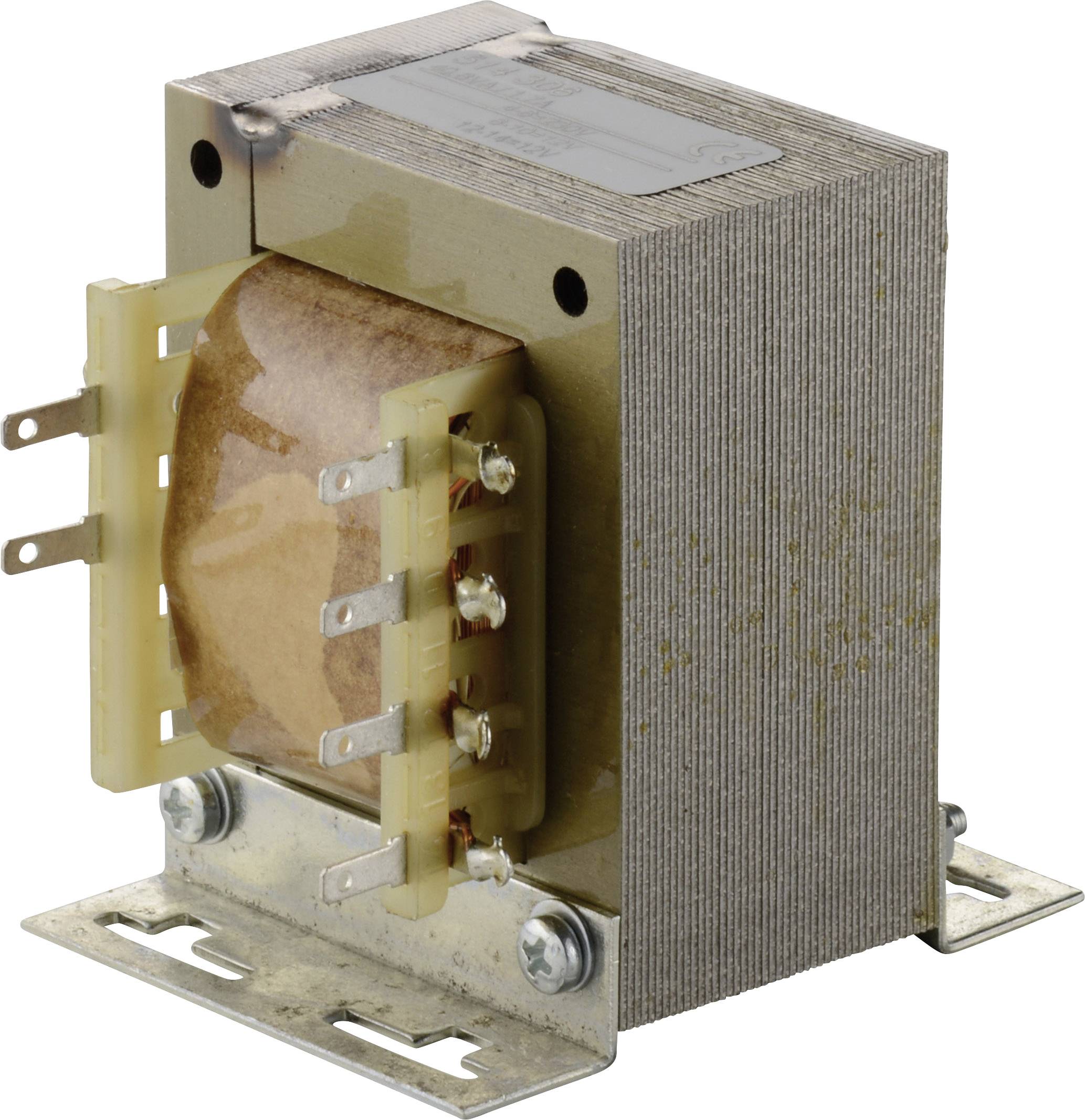 A transformer with a copper coil, metal casing and terminal blocks, commonly used in electronic devices for voltage adjustment.