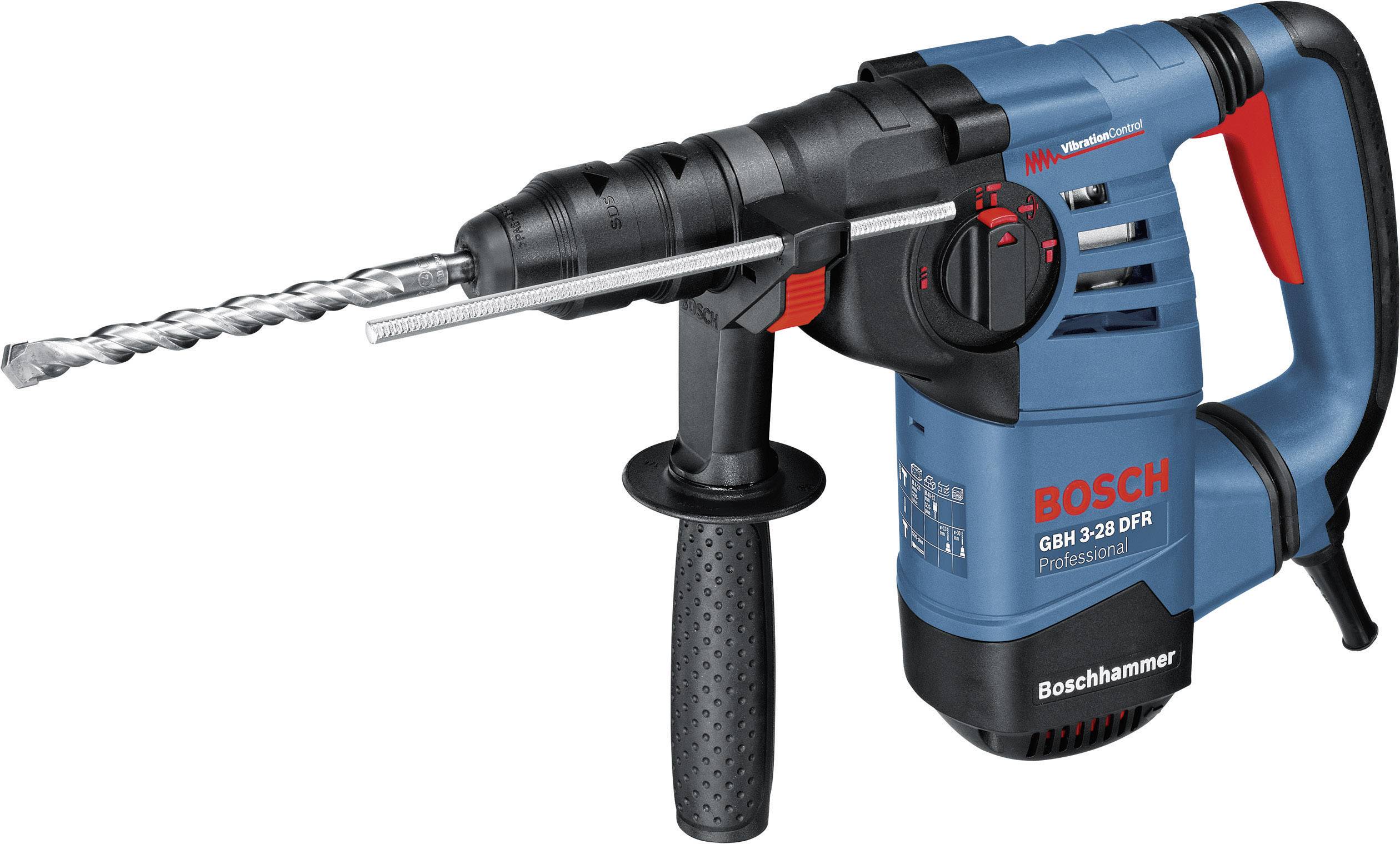 An electric drill hammer in a blue-black design, featuring a robust handle and a long drill bit at the front. Brand name visible.