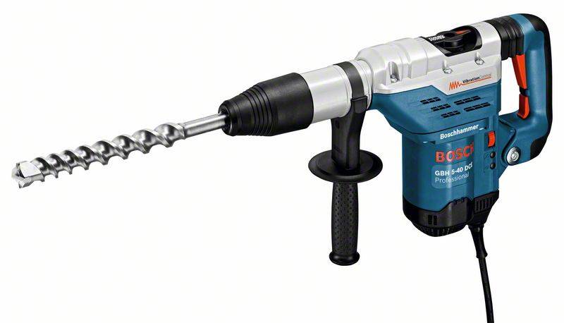 A blue and silver electric hammer drill with a D-handle and long drill bit, suitable for heavy-duty drilling work.