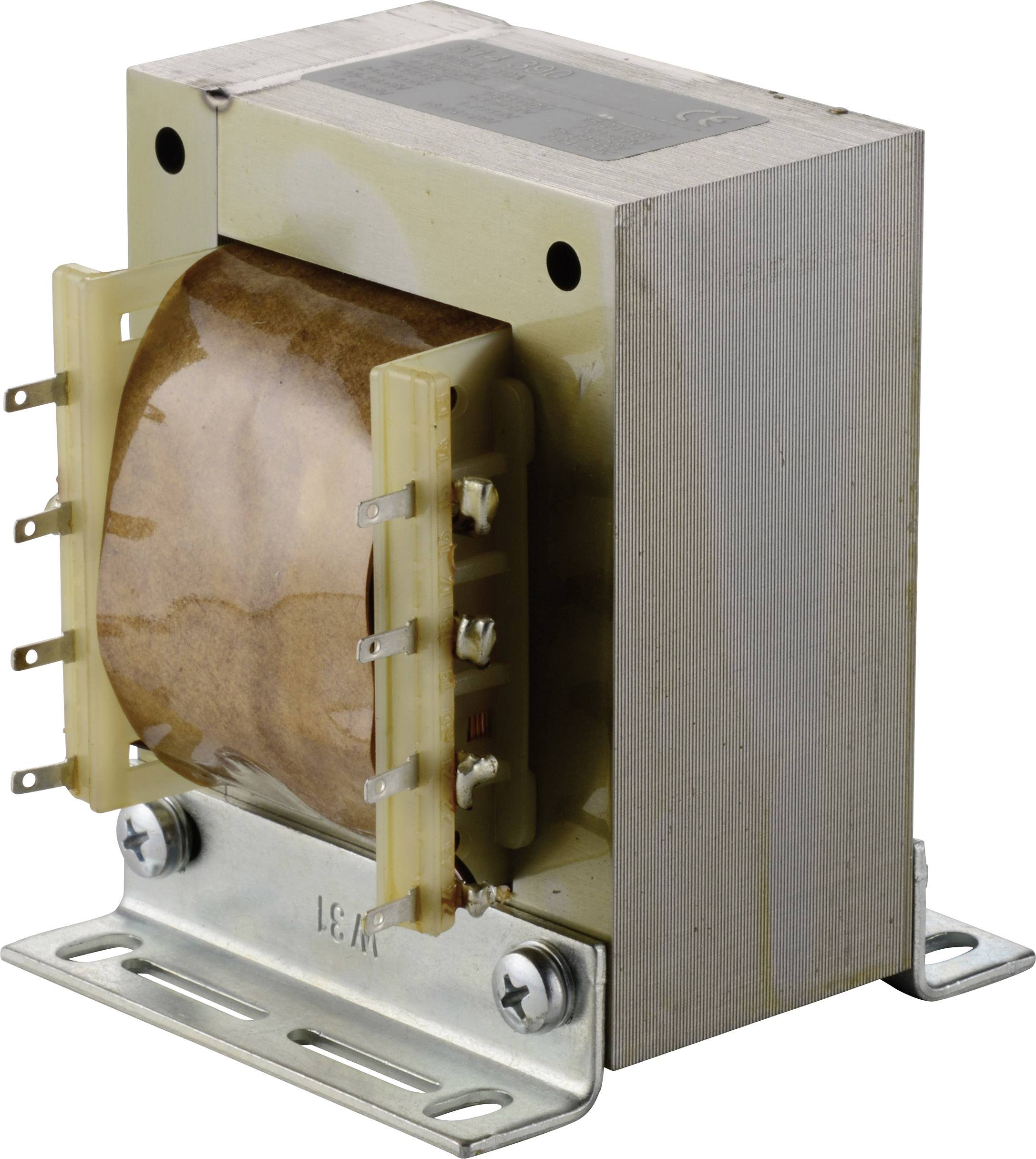 A brown transformer mounted on a metal bracket. It has several connection pins on the side.