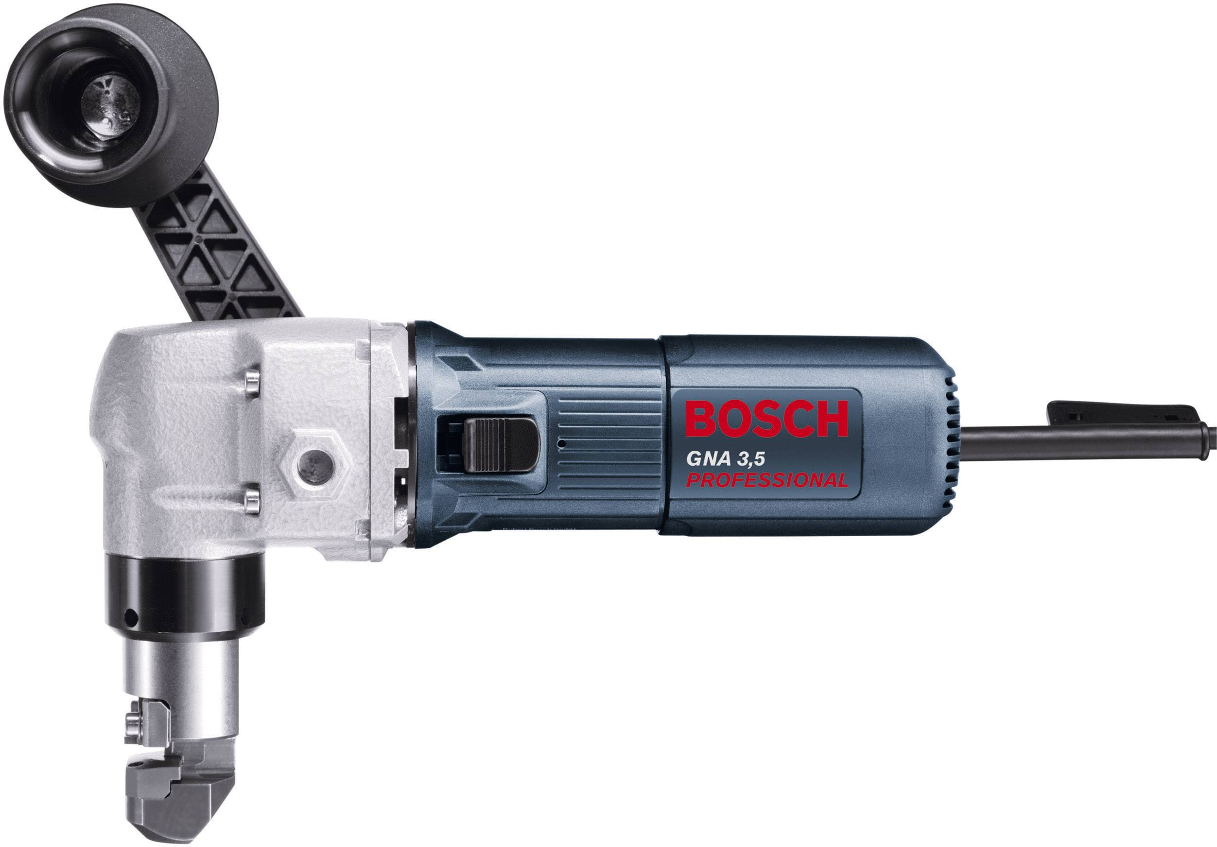 Electric Bosch Metal Shears GNA 3.5 with blue handle and black auxiliary grip, suitable for professional metalworking.