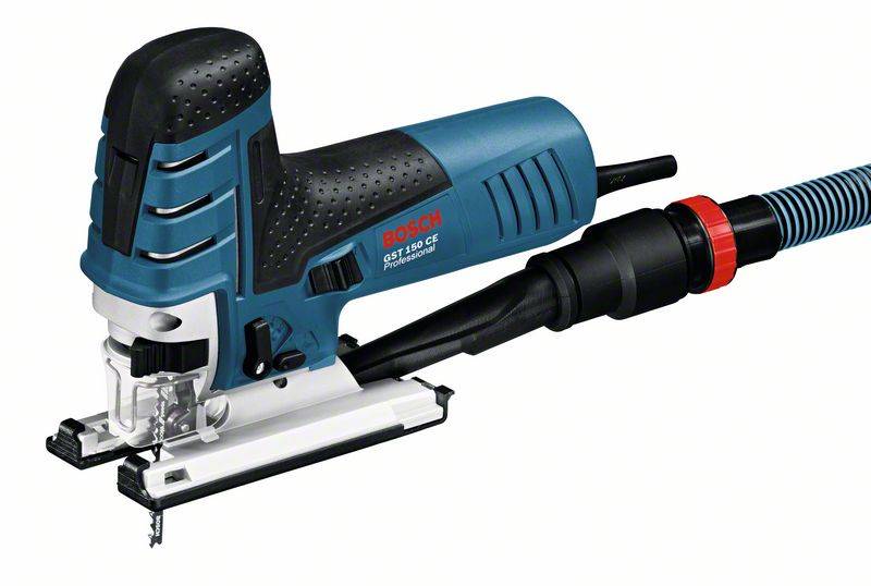 A blue Bosch jigsaw with a black handle and connected extraction hose. The model name is visible on the device.