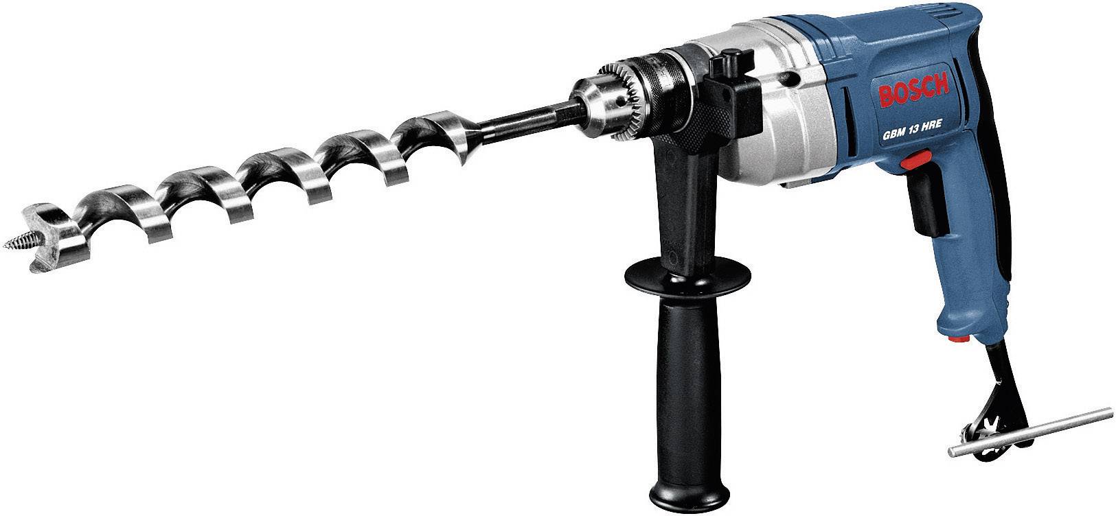 Electric drill by Bosch, with a large spiral drill bit attachment. Suitable for drilling in wood or masonry.