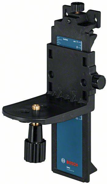 A Bosch wall mounting bracket in black with a blue scale and adjustment knob, for mounting tools or devices.