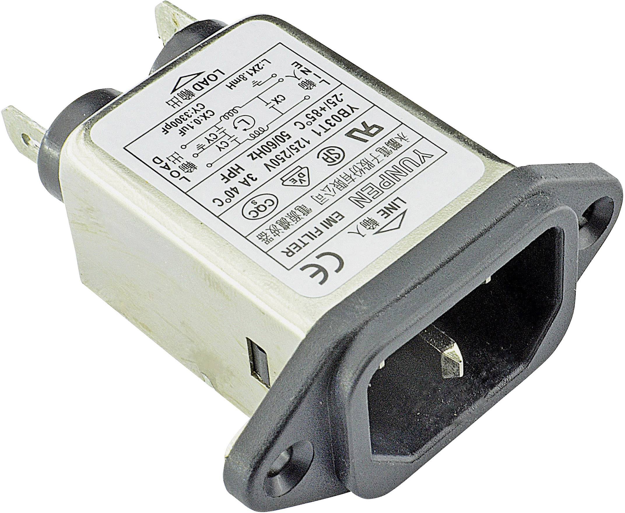 Yunpen YB03T1 Line filter + IEC socket 250 V AC 3 A 1.8 mH (L x W x H) 57 x 25.25 x 52.3 mm 1 pc(s)