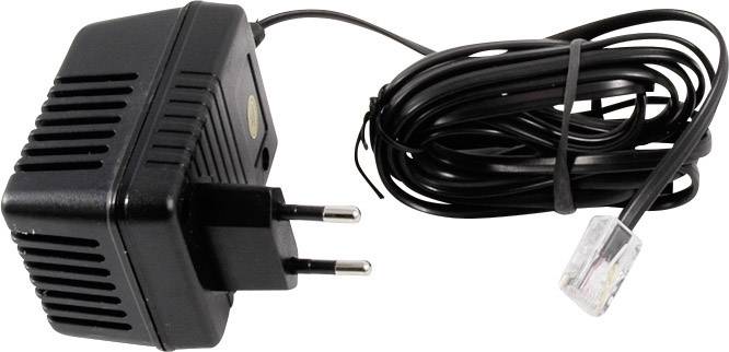 Power supply with European plug and long cable, terminating in a telephone socket.