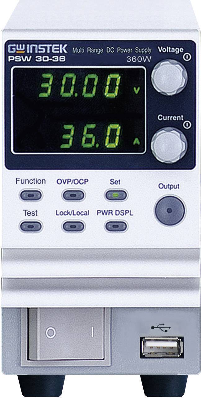 A digital DC power supply is displaying '30.00 V' for voltage and '36.0 A' for current. Functions: OVP/OCP, Lock/Local, PWR DSPL.