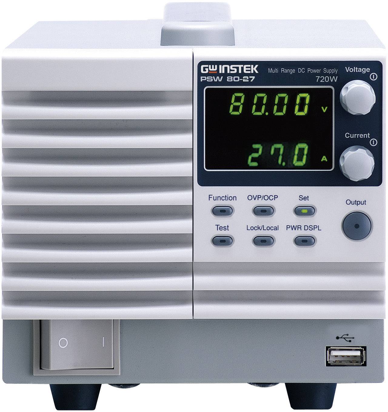 A laboratory power supply shows 80.00 volts and 27.0 amperes on the digital display. Various function buttons and a USB port are visible.