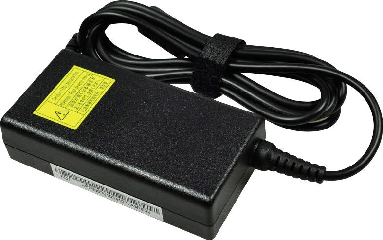 A black power supply with a cable, commonly used for charging electronic devices. It has a yellow warning label.