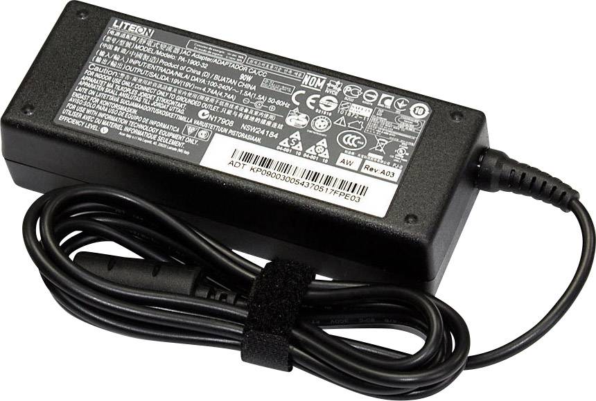 A black laptop power adapter with a long cable neatly bundled together with a cable tie. Several technical details and safety symbols are printed on it.
