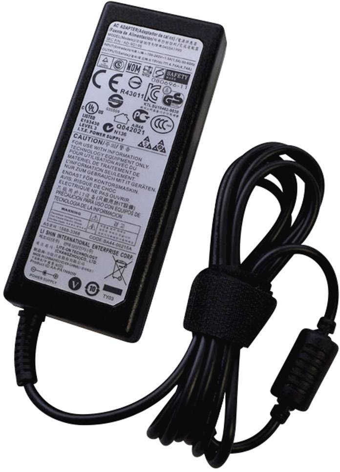 Black power supply with power cable, safety certifications, and technical specifications on the label.