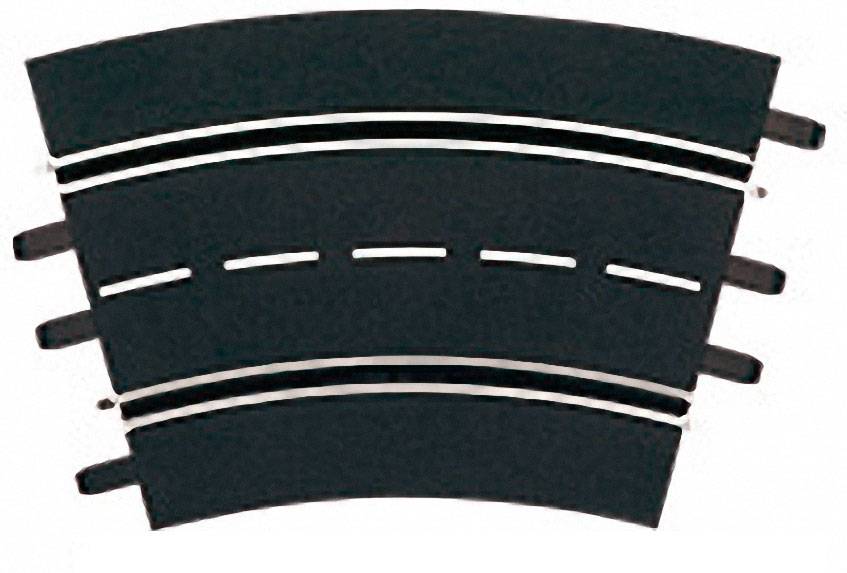Two curved toy racing track sections made of black plastic with white stripes, which when joined together form a circle.