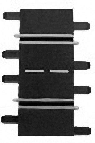 A black electronic component with four pins on each side, likely an IC or transistor, viewed from above.