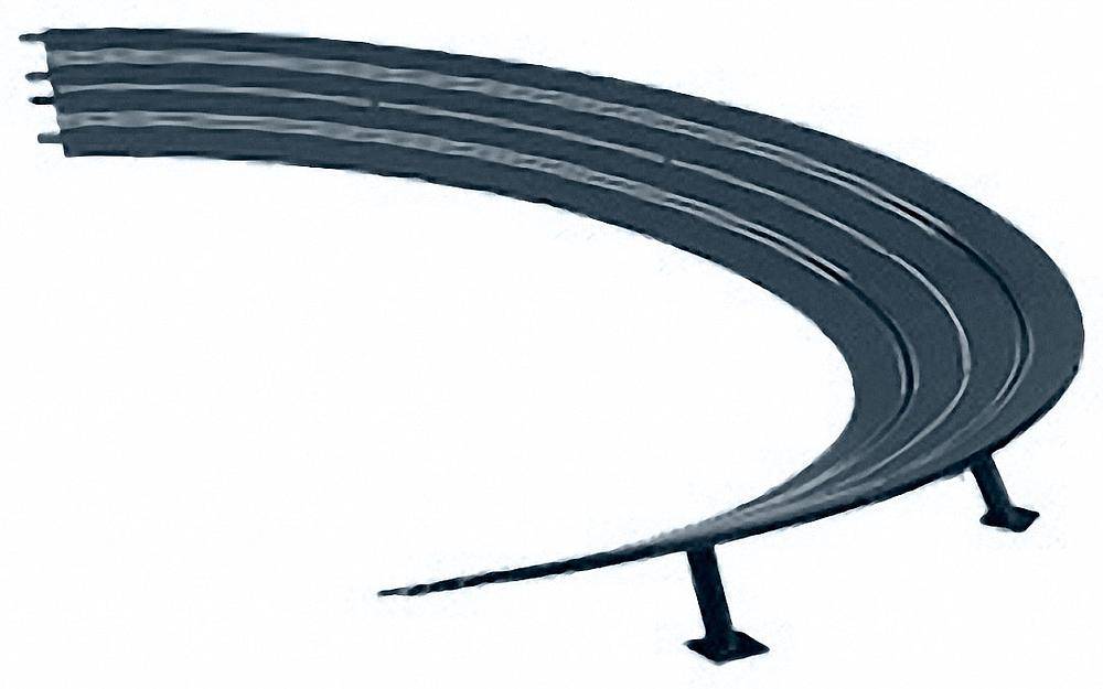 A curved slot car track section with four parallel lanes, mounted on two supports, made of black plastic.