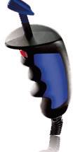 Joystick with an ergonomic grip, blue backrest and black casing, suitable for people with limited mobility.