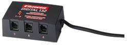 Black digital signal distribution device with three Ethernet ports and a connection cable. Device for network applications.