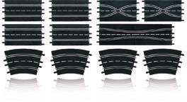 Several black toy racing car tracks in straight and curved configurations, some with crossings or junctions.