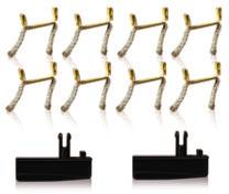 Eight golden pool loops and two black tool parts that together are used as a billiards repair kit.