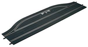 A black racetrack rail with a curve and two driving lanes, suitable for model car racing systems.