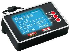 Digital race track control device with blue display and red Carrera logo. Displays lap times.