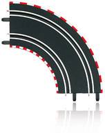 A curved toy racing car track with black driving lanes and white and red boundary markings.