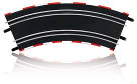 A curved toy car racing track with black stripes and red markings. Primarily for assembling race routes.