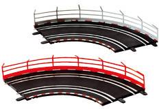 Curved bridges with different rail colours. The upper bridge has white railings, the lower bridge has red railings.
