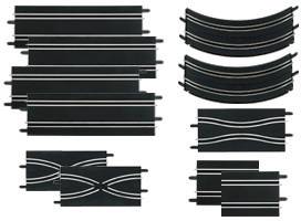'Black Carrera race track pieces in various shapes: straight sections, curves and junctions, for constructing a racing circuit.'Note: I've translated this text maintaining the original meaning while using natural British English phrasing.