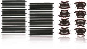 Straight and curved black Carrera track sections, depicted on a white surface. On the left are the straight pieces, on the right are the curved parts.