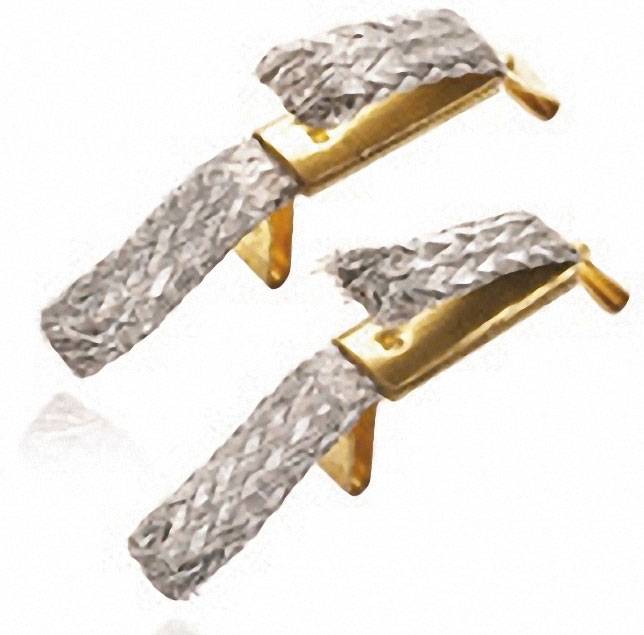 Two golden collar stays with a woven design, used to secure collars to shirts. They are positioned parallel to each other.