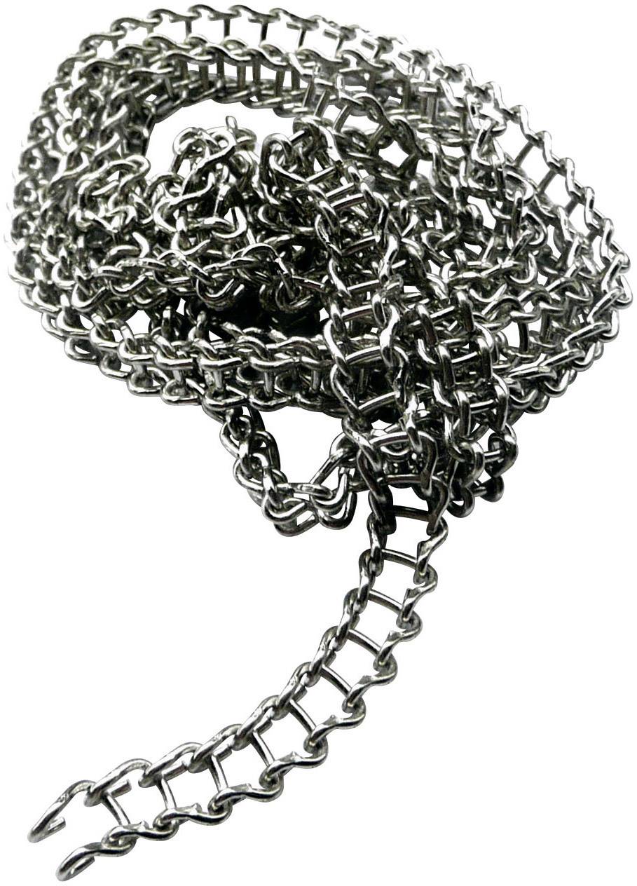 A coiled metal chain made of gleaming steel, lying loosely on a white background.